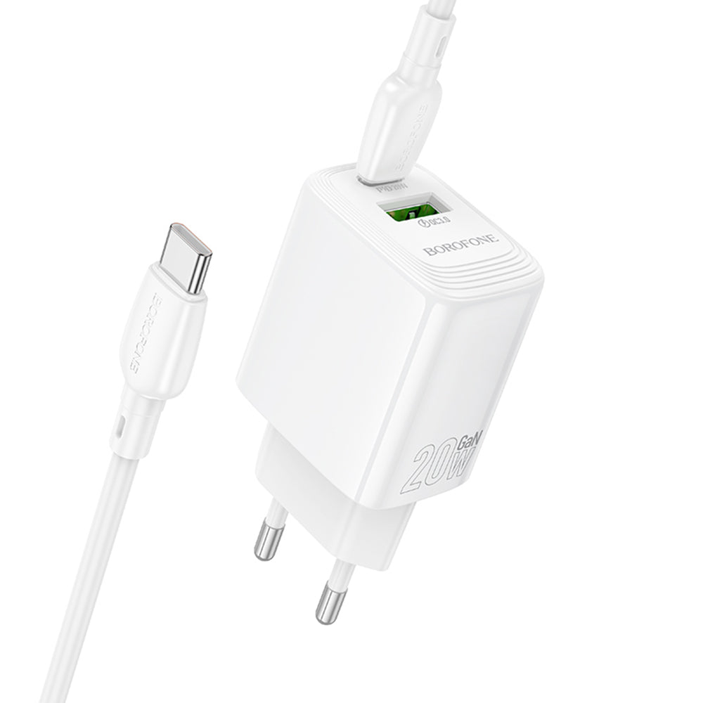Hálózati töltő USB-C kábellel Borofone BN27 Fuente, 20W, 3A, 1 x USB-A - 1 x USB-C, Fehér