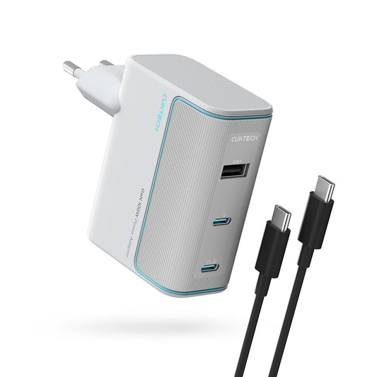 Cuktech hálózati töltő USB-C kábellel, 100W, 5A, 1 x USB-A - 2 x USB-C, Fehér CKAD1003EUGW