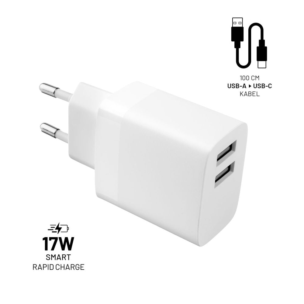 Fixed USB-C hálózati töltő, 17W, 3A, 2 x USB-A, fehér