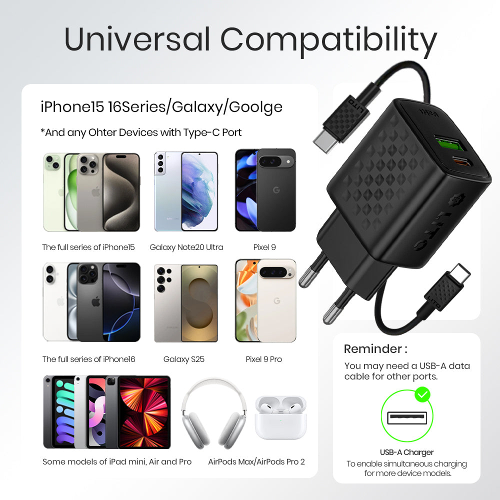 Network Charger with USB-C Cable Lito LC15T, 20W, 3A, 1 x USB-A - 1 x USB-C, Black