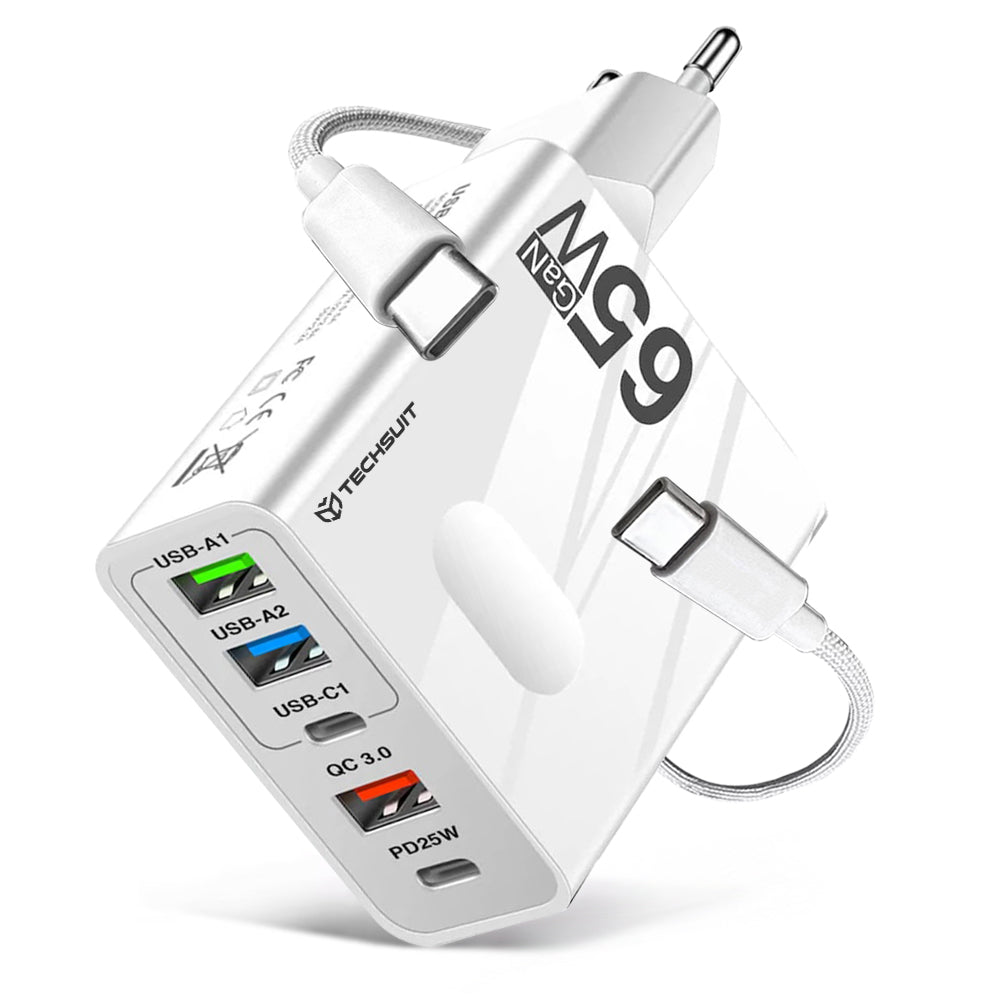Hálózati töltő USB-C kábellel Techsuit CHC1 PentaXPower, 25W, 3A, 3 x USB-A - 2 x USB-C, Fehér