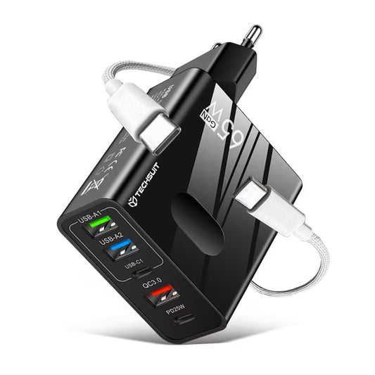 Techsuit CHC1 PentaXPower Network Charger with USB-C Cable, 25W, 3A, 3 x USB-A - 2 x USB-C, Black