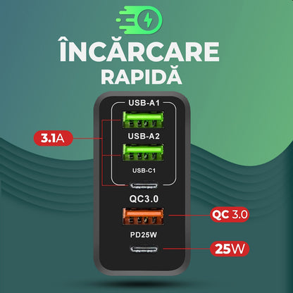 Hálózati töltő USB-C kábellel Techsuit CHC1 PentaXPower, 25W, 3A, 3 x USB-A - 2 x USB-C, Fekete