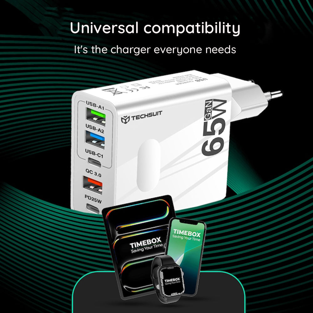 Hálózati töltő USB-C kábellel Techsuit CHC1 PentaXPower, 25W, 3A, 3 x USB-A - 2 x USB-C, Fekete