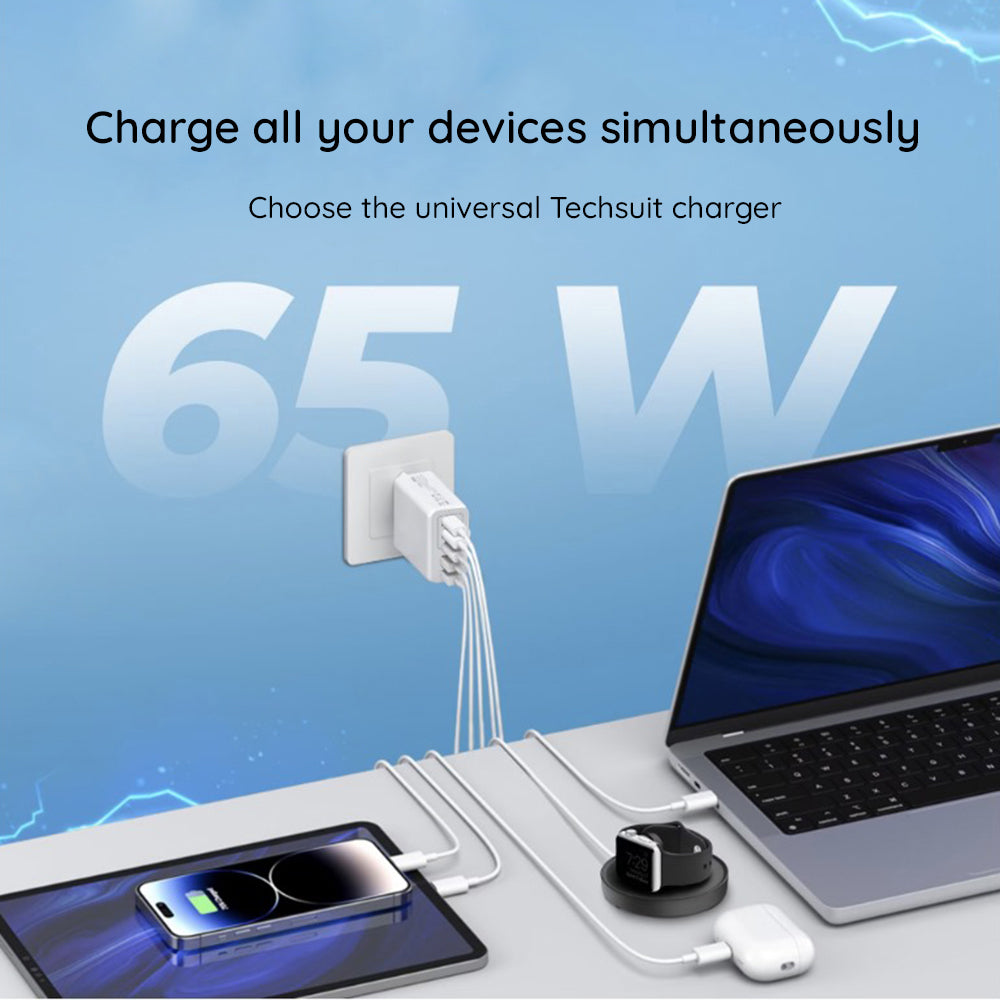 Hálózati töltő USB-C kábellel Techsuit CHC2 PentaXPower, 20W, 3A, 3 x USB-A - 2 x USB-C, Fehér