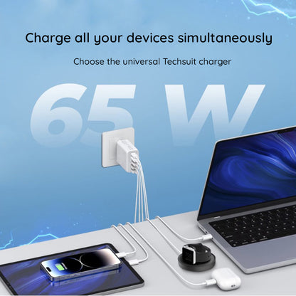 Hálózati töltő USB-C kábellel Techsuit CHC2 PentaXPower, 20W, 3A, 3 x USB-A - 2 x USB-C, Fekete