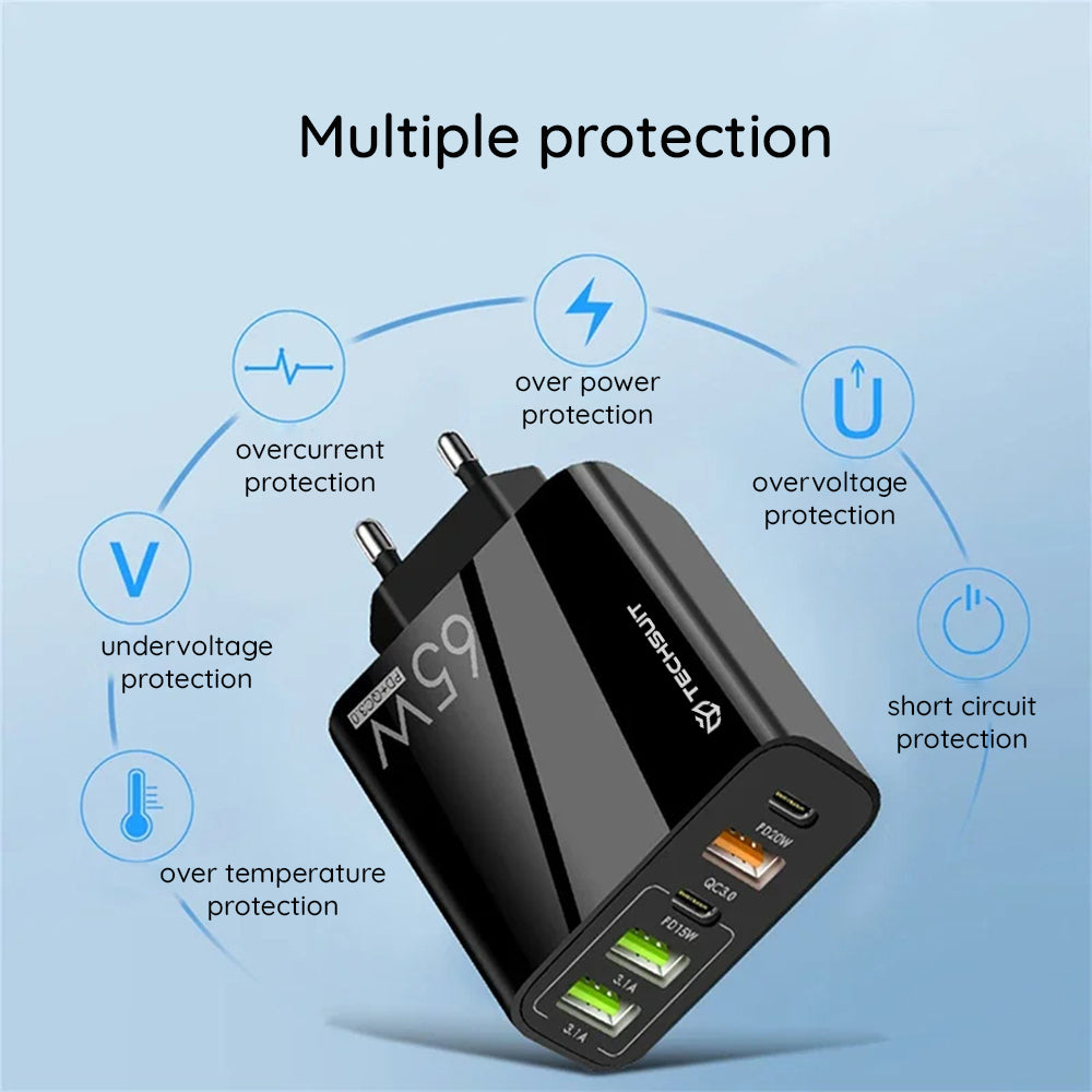 Hálózati töltő USB-C kábellel Techsuit CHC2 PentaXPower, 20W, 3A, 3 x USB-A - 2 x USB-C, Fekete