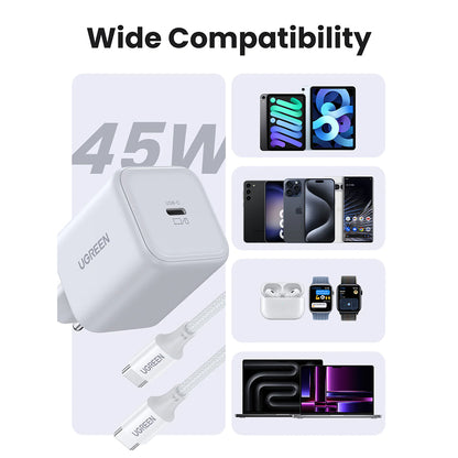 UGREEN X524 (65055) USB-C kábeles hálózati töltő, 45W, 3A, 1 x USB-C, Fehér