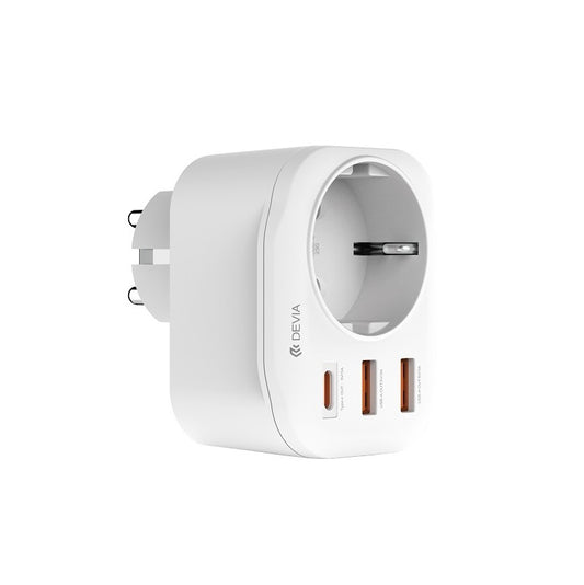 DEVIA WW09-F-PD hálózati töltő, 20W, 3A, 2 x USB-A - 1 x USB-C - 1 x Schuko, Fehér