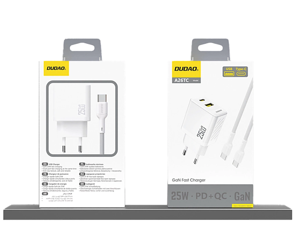 Dudao A26T hálózati töltő, 25W, 3A, 1 x USB-A - 1 x USB-C, Fehér