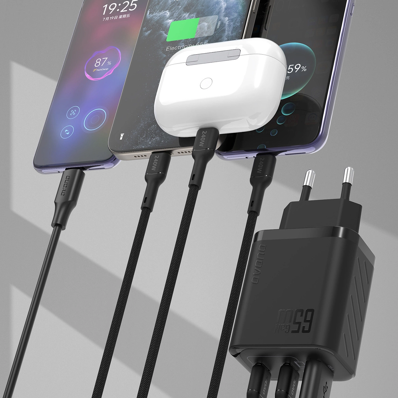 Dudao A29 hálózati töltő, 65W, 1 x USB-A - 2 x USB-C, Fekete