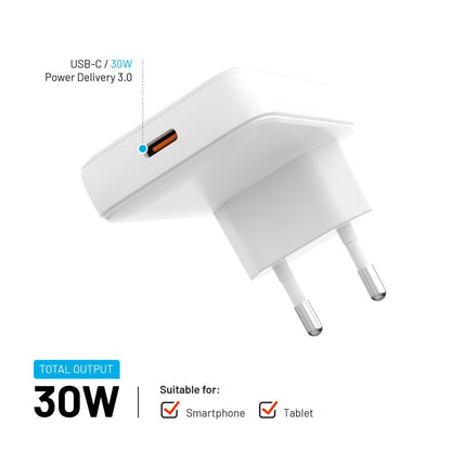 Hálózati töltő Fixed, 30W, 3A, 1 x USB-C, Fehér