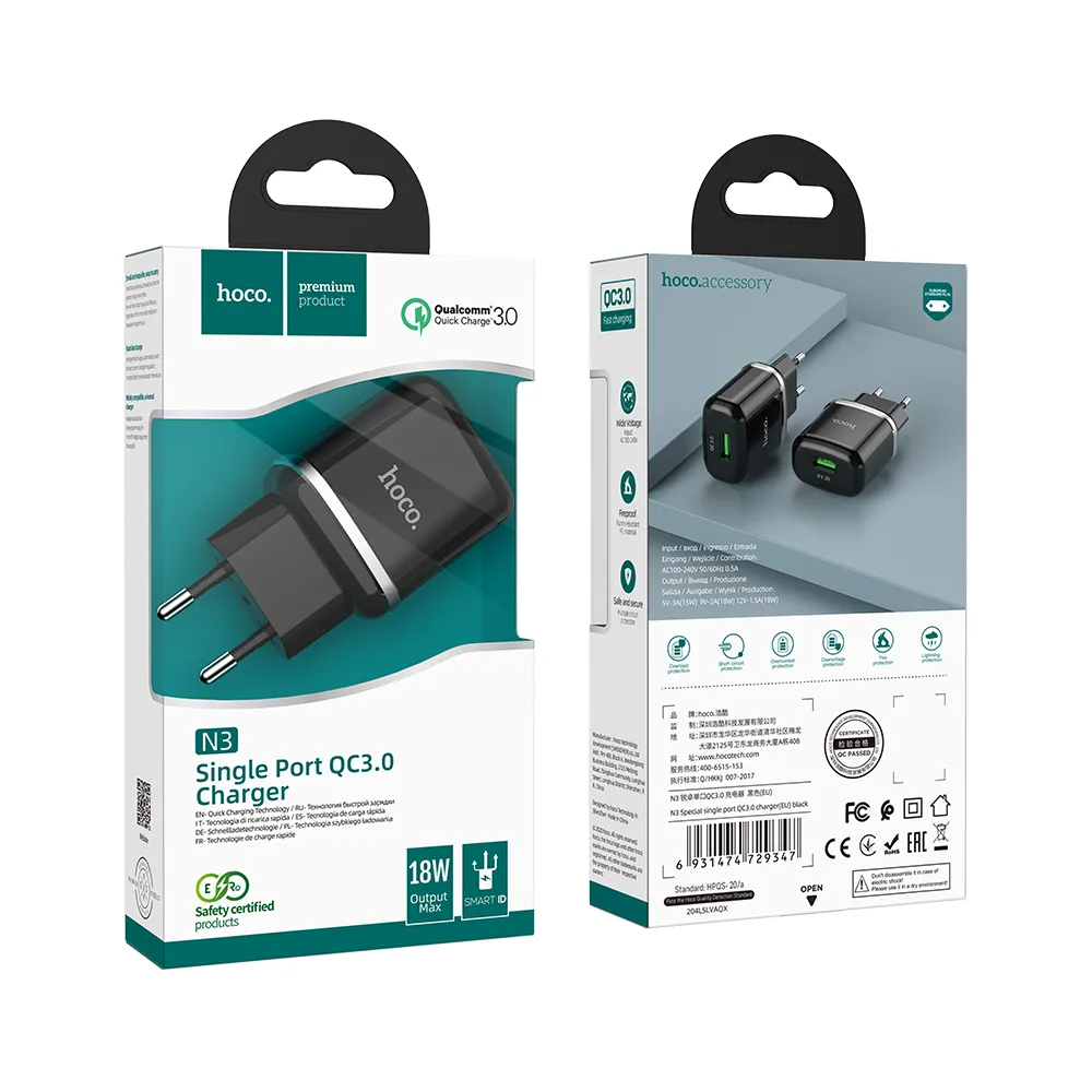 HOCO N3 hálózati töltő, 18W, 3A, 1 x USB-A, Fekete