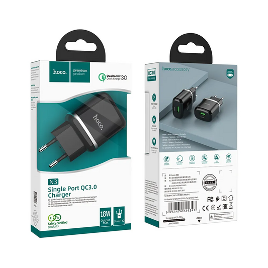 HOCO N3 hálózati töltő, 18W, 3A, 1 x USB-A, Fekete