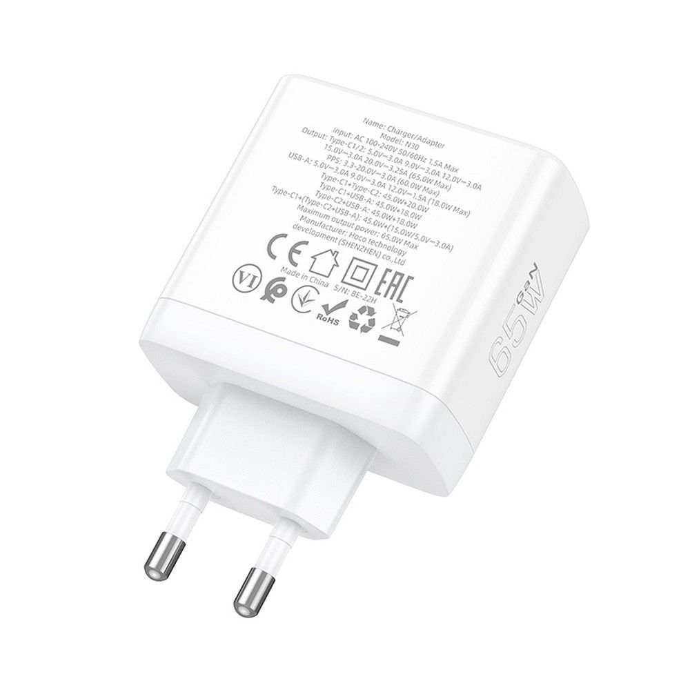 HOCO N30 hálózati töltő, 65W, 3.25A, 1 x USB-A - 2 x USB-C, fehér