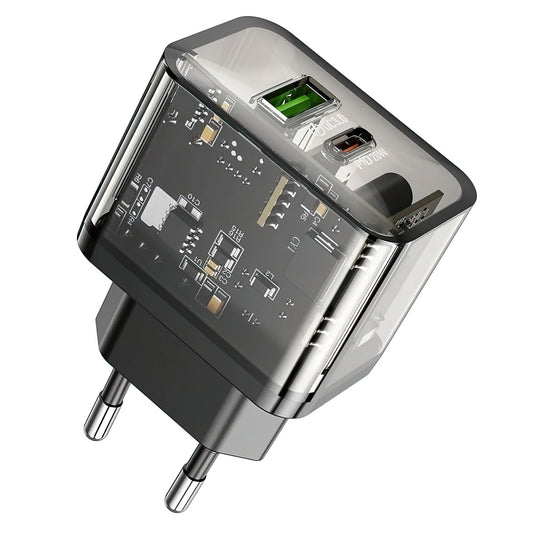 HOCO N34 Hálózati töltő, 20W, 3A, 1 x USB-A - 1 x USB-C, Átlátszó