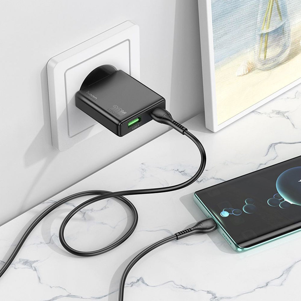 HOCO N38 Hálózati töltő, 20W, 3A, 1 x USB-A - 1 x USB-C, Fekete