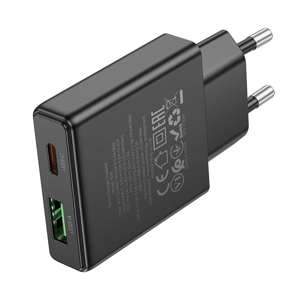HOCO N38 Hálózati töltő, 20W, 3A, 1 x USB-A - 1 x USB-C, Fekete
