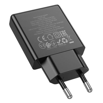 HOCO N38 Hálózati töltő, 20W, 3A, 1 x USB-A - 1 x USB-C, Fekete