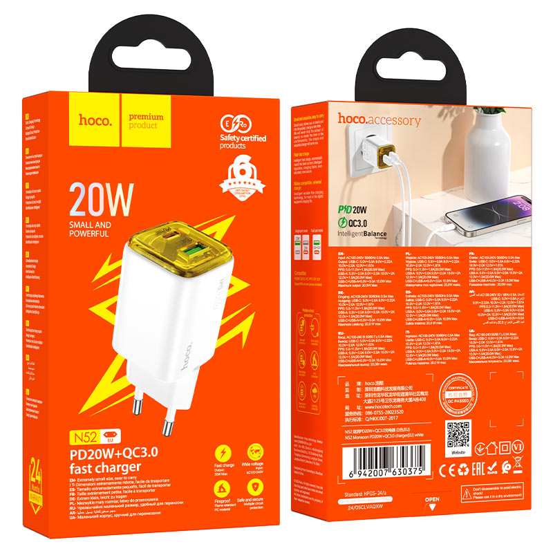 HOCO N52 hálózati töltő, 20W, 3A, 1 x USB-A - 1 x USB-C, Fehér