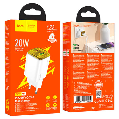 HOCO N52 hálózati töltő, 20W, 3A, 1 x USB-A - 1 x USB-C, Fehér