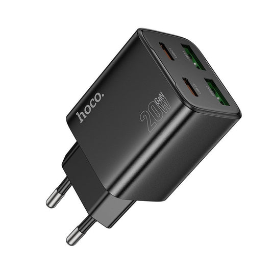 HOCO N55 hálózati töltő, 20W, 3A, 2 x USB-A - 2 x USB-C, Fekete
