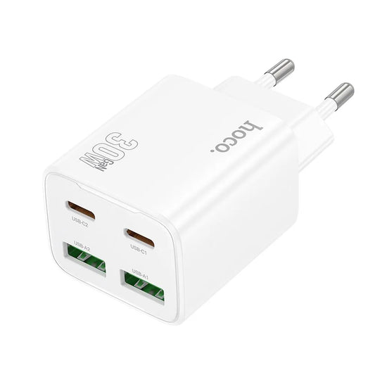 HOCO N56 hálózati töltő, 30W, 3A, 2 x USB-A - 2 x USB-C, Fehér