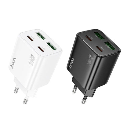 HOCO N56 hálózati töltő, 30W, 3A, 2 x USB-A - 2 x USB-C, Fehér