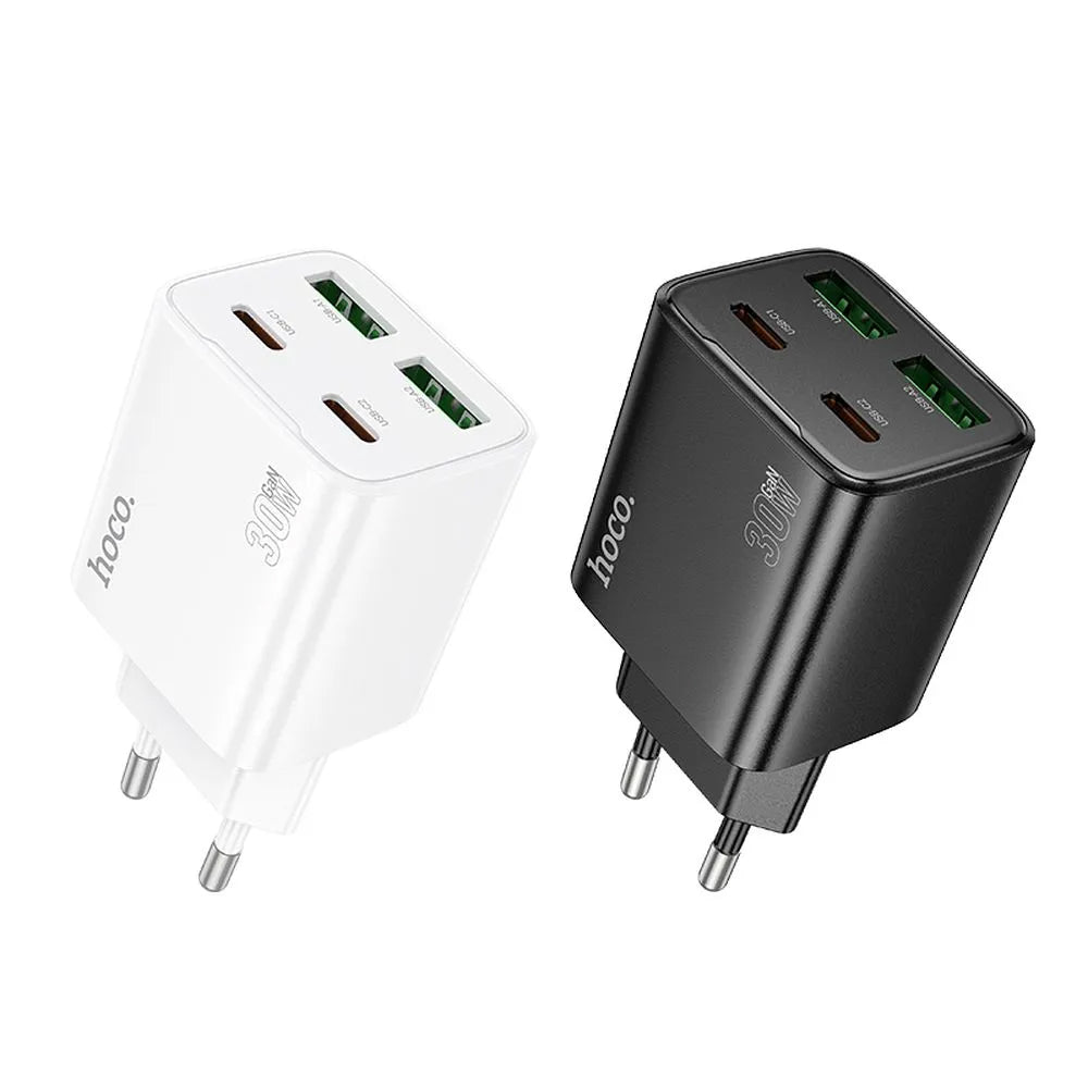 HOCO N56 Hálózati Töltő, 30W, 3A, 2 x USB-A - 2 x USB-C, Fekete