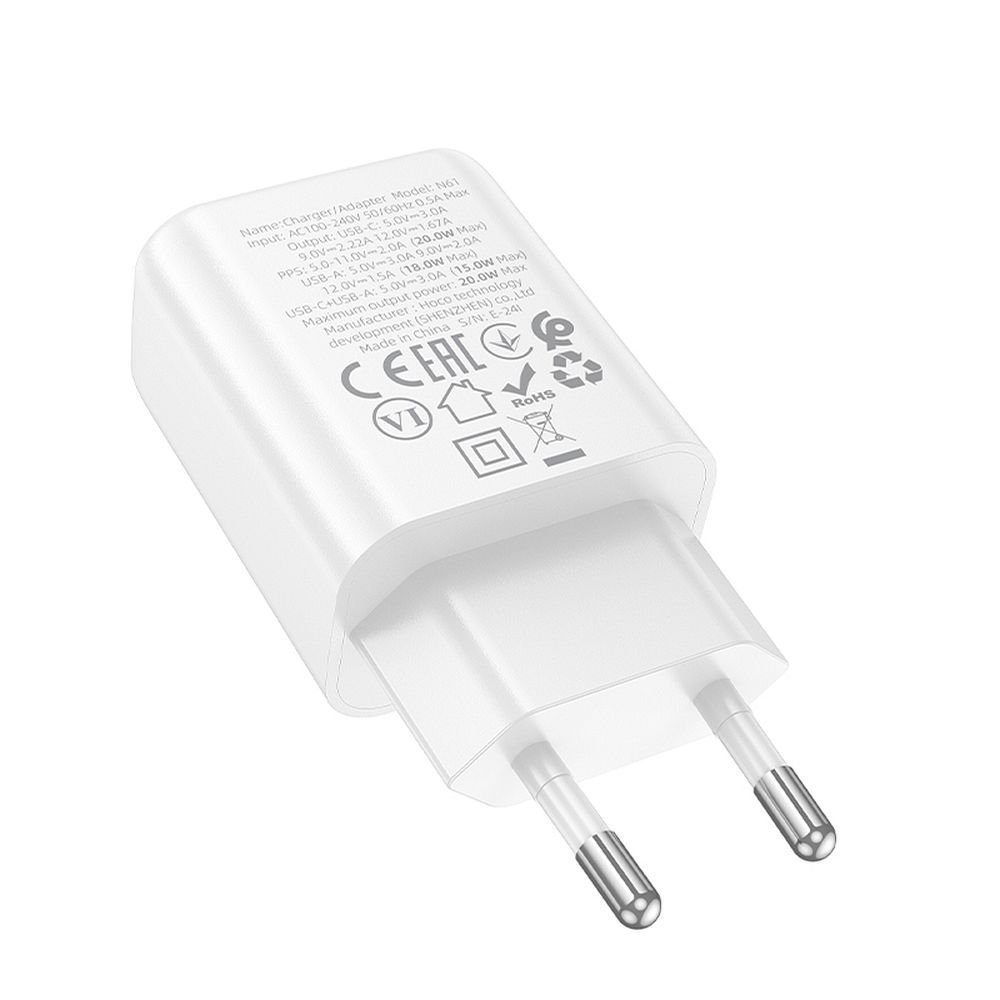 HOCO N61 hálózati töltő, 20W, 3A, 1 x USB-A - 1 x USB-C, Fehér