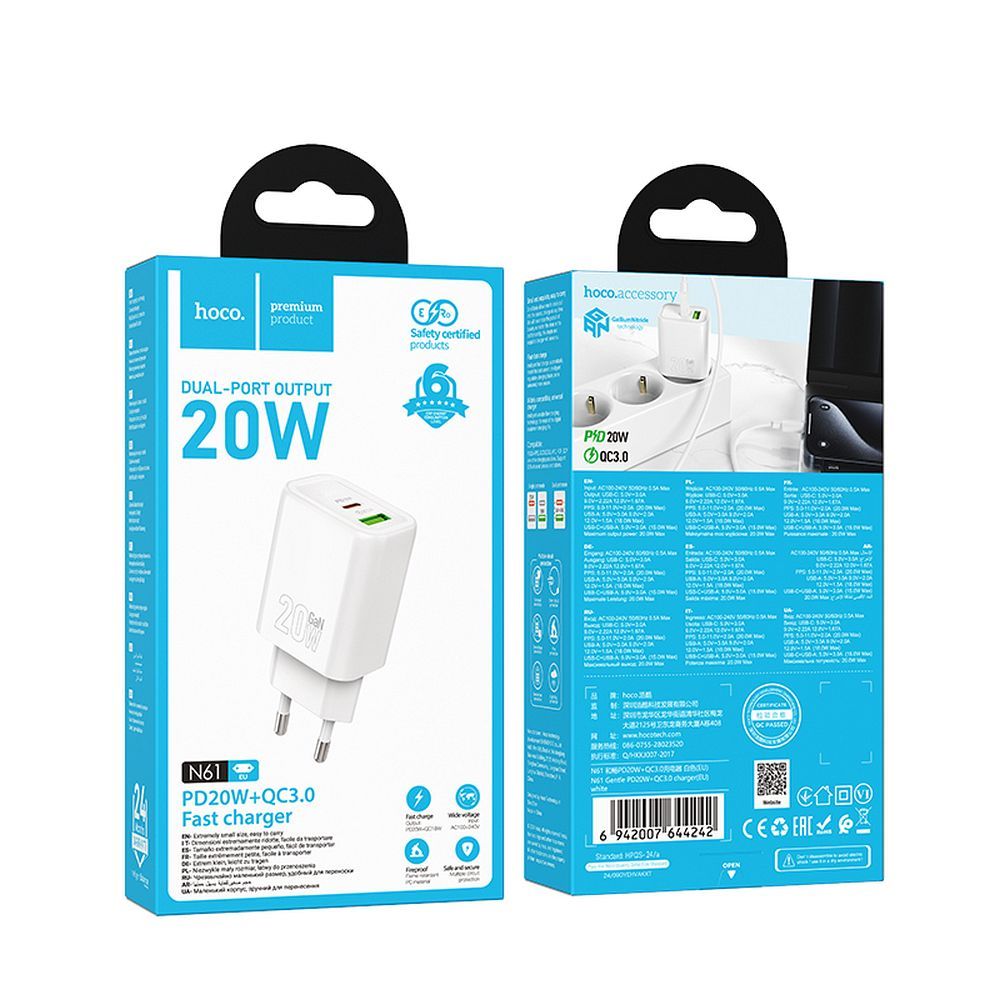 HOCO N61 hálózati töltő, 20W, 3A, 1 x USB-A - 1 x USB-C, Fehér