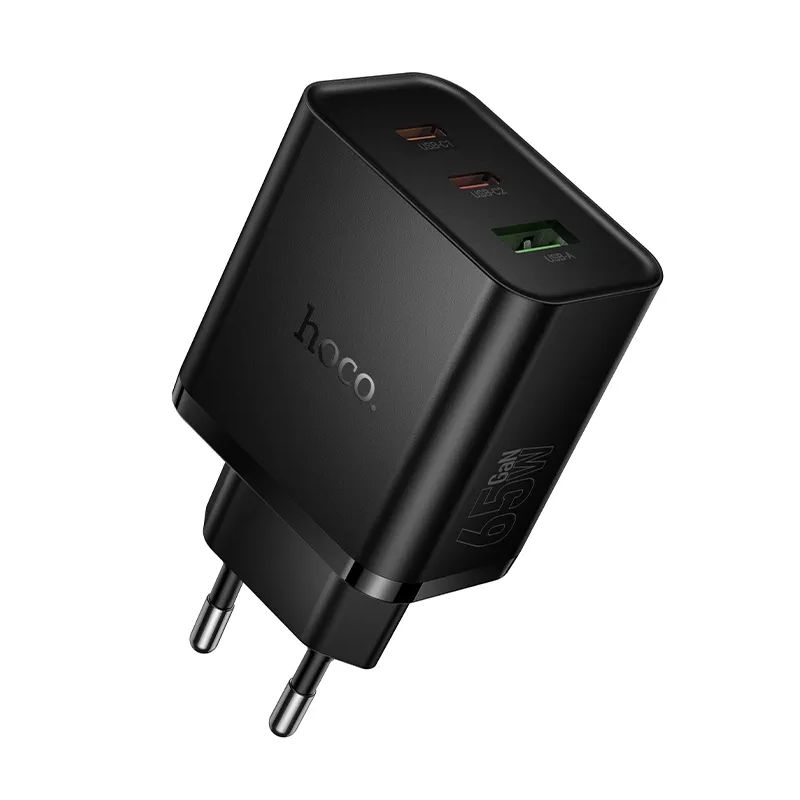 HOCO N75 hálózati töltő, 65W, 3A, 1 x USB-A - 2 x USB-C, Fekete