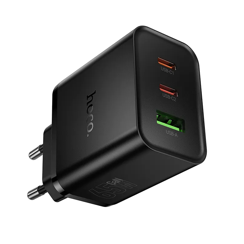 HOCO N75 hálózati töltő, 65W, 3A, 1 x USB-A - 2 x USB-C, Fekete