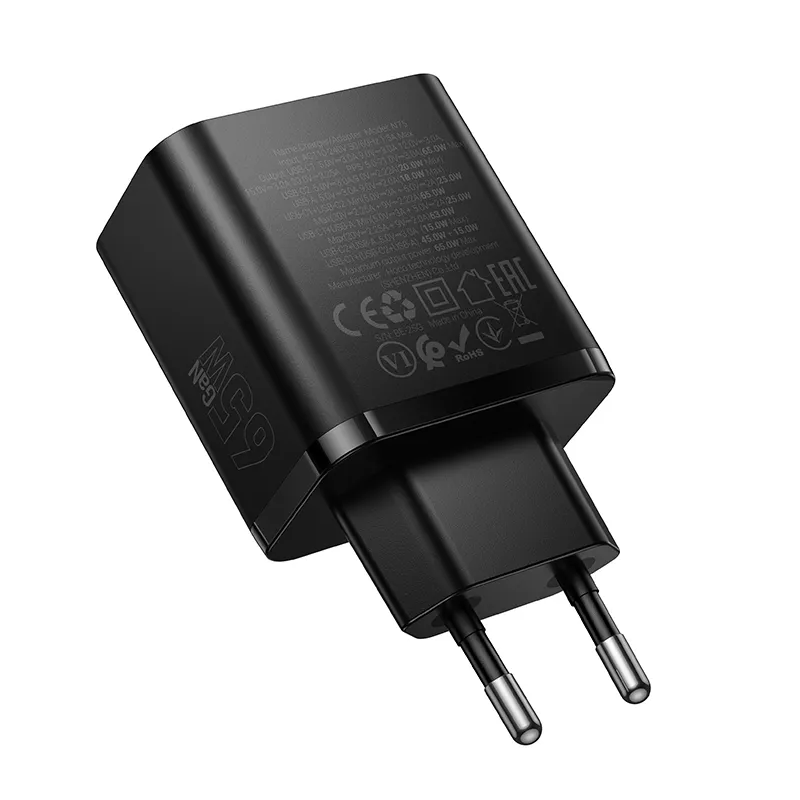 HOCO N75 hálózati töltő, 65W, 3A, 1 x USB-A - 2 x USB-C, Fekete