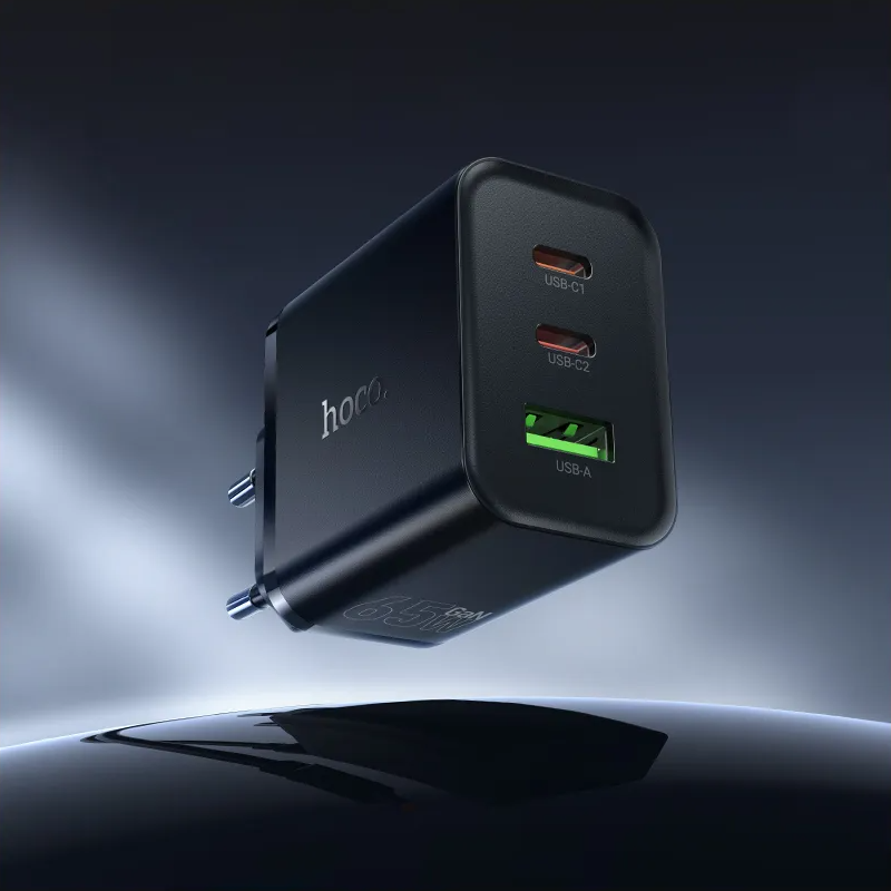 HOCO N75 hálózati töltő, 65W, 3A, 1 x USB-A - 2 x USB-C, Fekete
