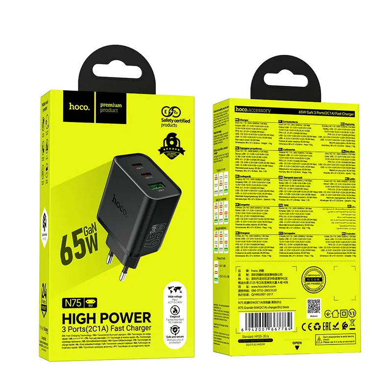 HOCO N75 hálózati töltő, 65W, 3A, 1 x USB-A - 2 x USB-C, Fekete