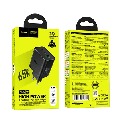 HOCO N75 hálózati töltő, 65W, 3A, 1 x USB-A - 2 x USB-C, Fekete