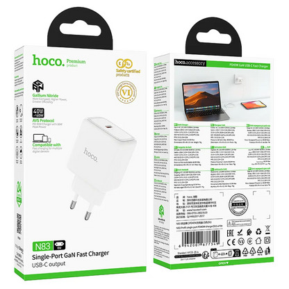 HOCO N83 Wall Charger, 40W, 3A, 1 x USB-C, White