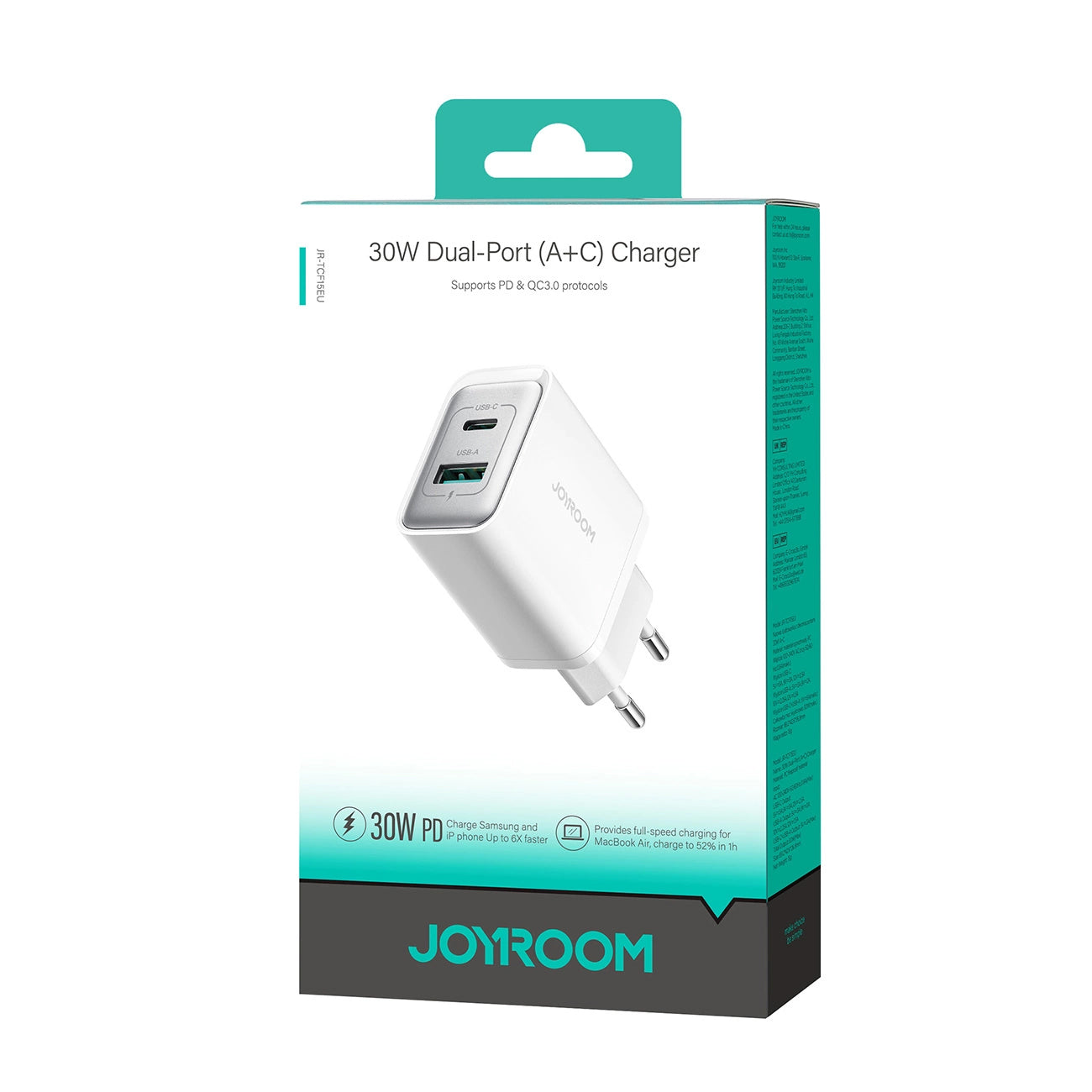 Joyroom JR-TCF15 hálózati töltő, 30W, 5A, 1 x USB-A - 1 x USB-C, Fehér