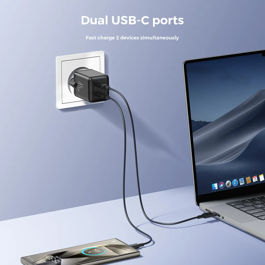 Joyroom JR-TCG17 hálózati töltő, 45W, 3A, 2 x USB-C, Fekete