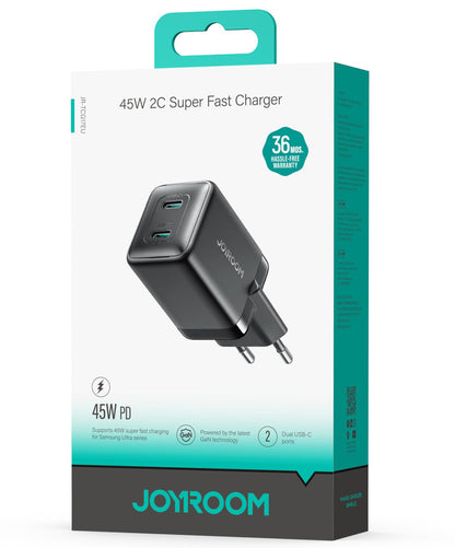 Joyroom JR-TCG17 hálózati töltő, 45W, 3A, 2 x USB-C, Fekete