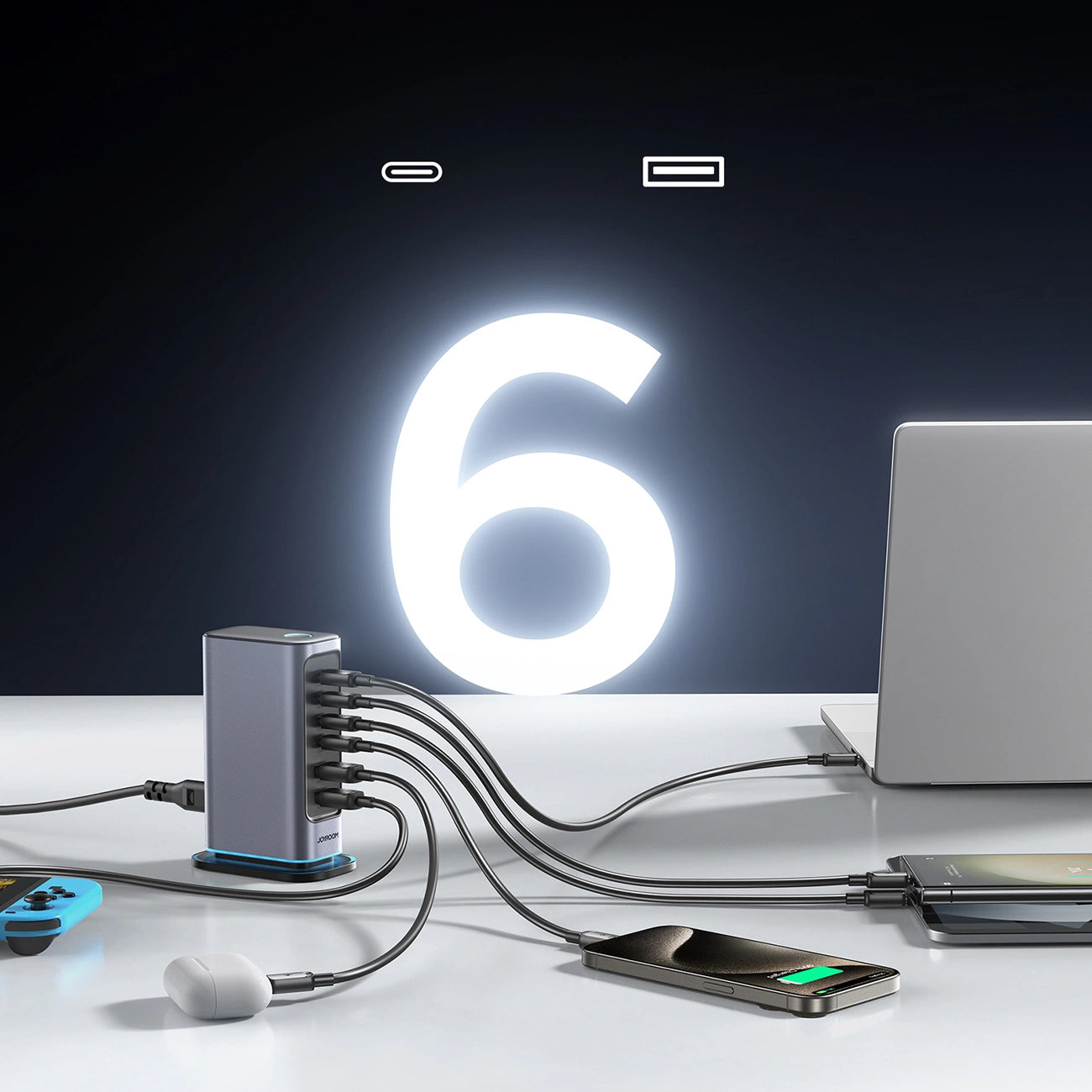 Joyroom JR-TCM02 töltőállomás, 65W, 3.25A, 2 x USB-A - 4 x USB-C, szürke