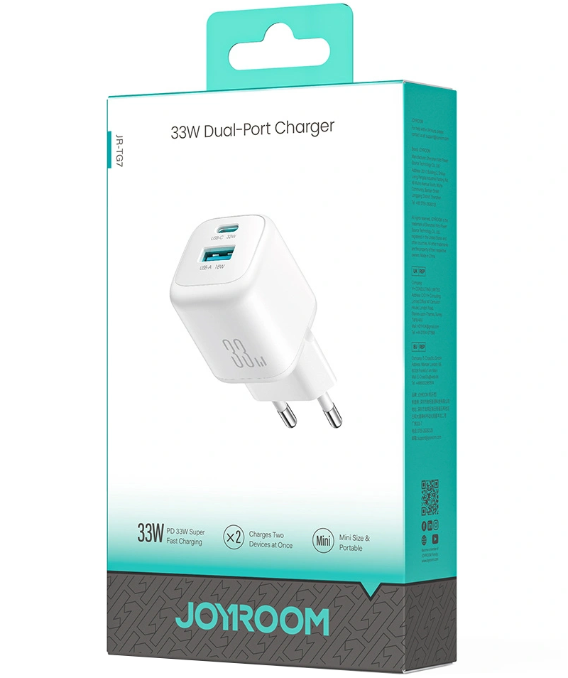 Joyroom JR-TG7 hálózati töltő, 33W, 3A, 1 x USB-A - 1 x USB-C, fehér