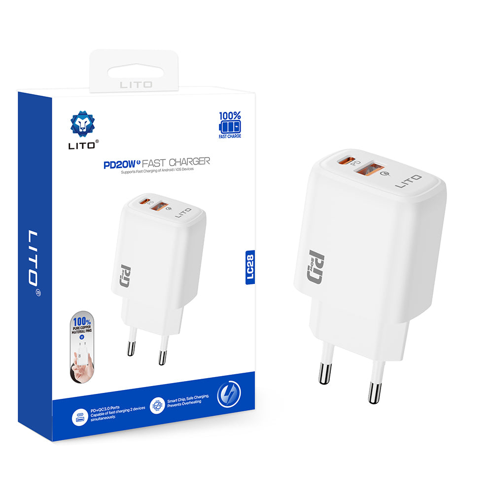 Lito LC28 hálózati töltő, 20W, 3A, 1 x USB-A - 1 x USB-C, fehér