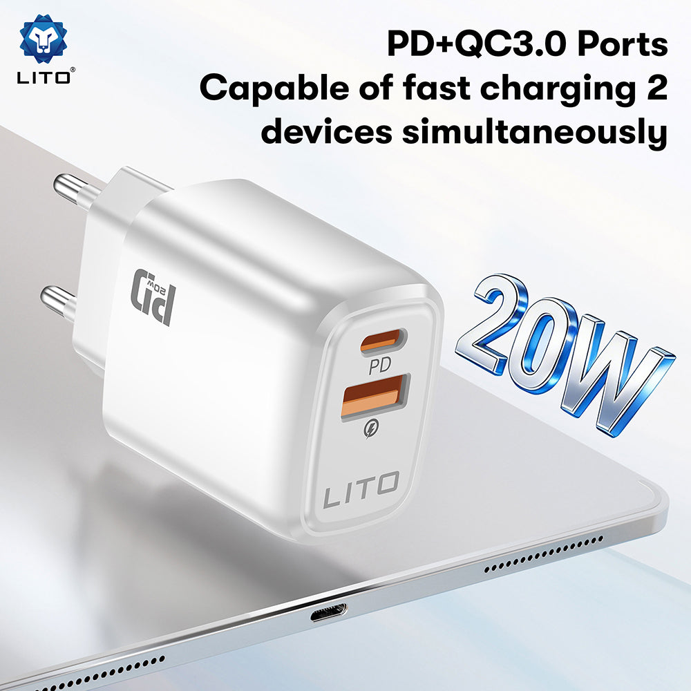 Lito LC28 hálózati töltő, 20W, 3A, 1 x USB-A - 1 x USB-C, fehér