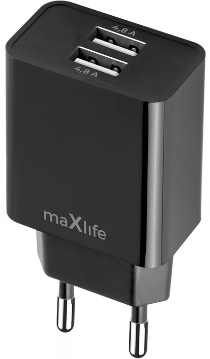 MaXlife MXTC-12 hálózati töltő, 24W, 2.4A, 2 x USB-A, Fekete