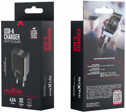 MaXlife MXTC-12 hálózati töltő, 24W, 2.4A, 2 x USB-A, Fekete
