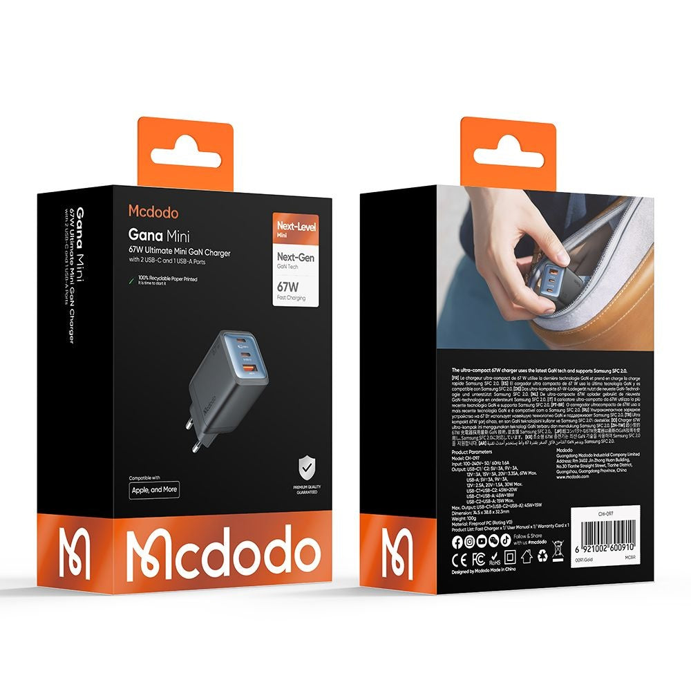 McDodo CH-0970 Gana Mini hálózati töltő, 67W, 3A, 1 x USB-A - 2 x USB-C, fekete