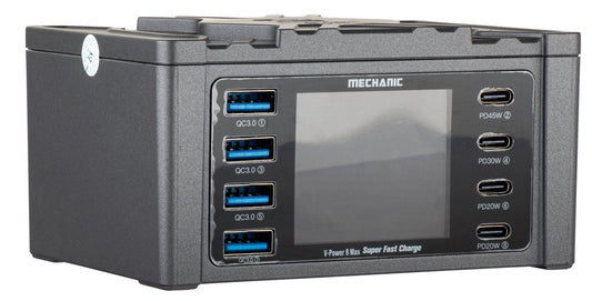 Mechanic V-Power Max töltőállomás kijelzővel, 115W, 3A, 4 x USB-A - 4 x USB-C, Fekete