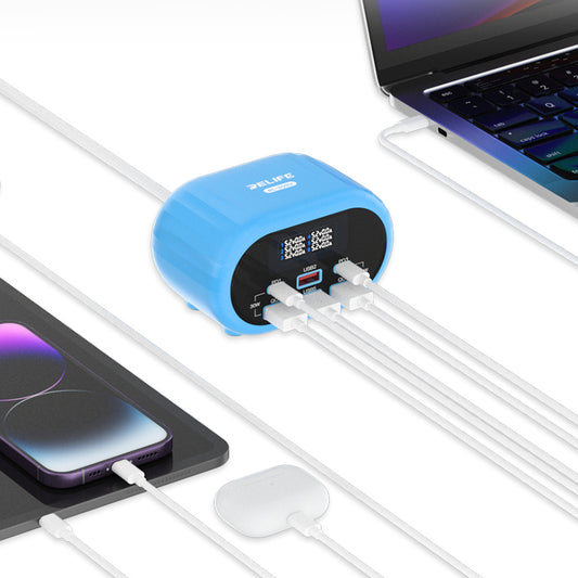 Relife RL-309U töltőállomás, 72W, 5A, 2 x USB-C - 4 x USB-A, Kék